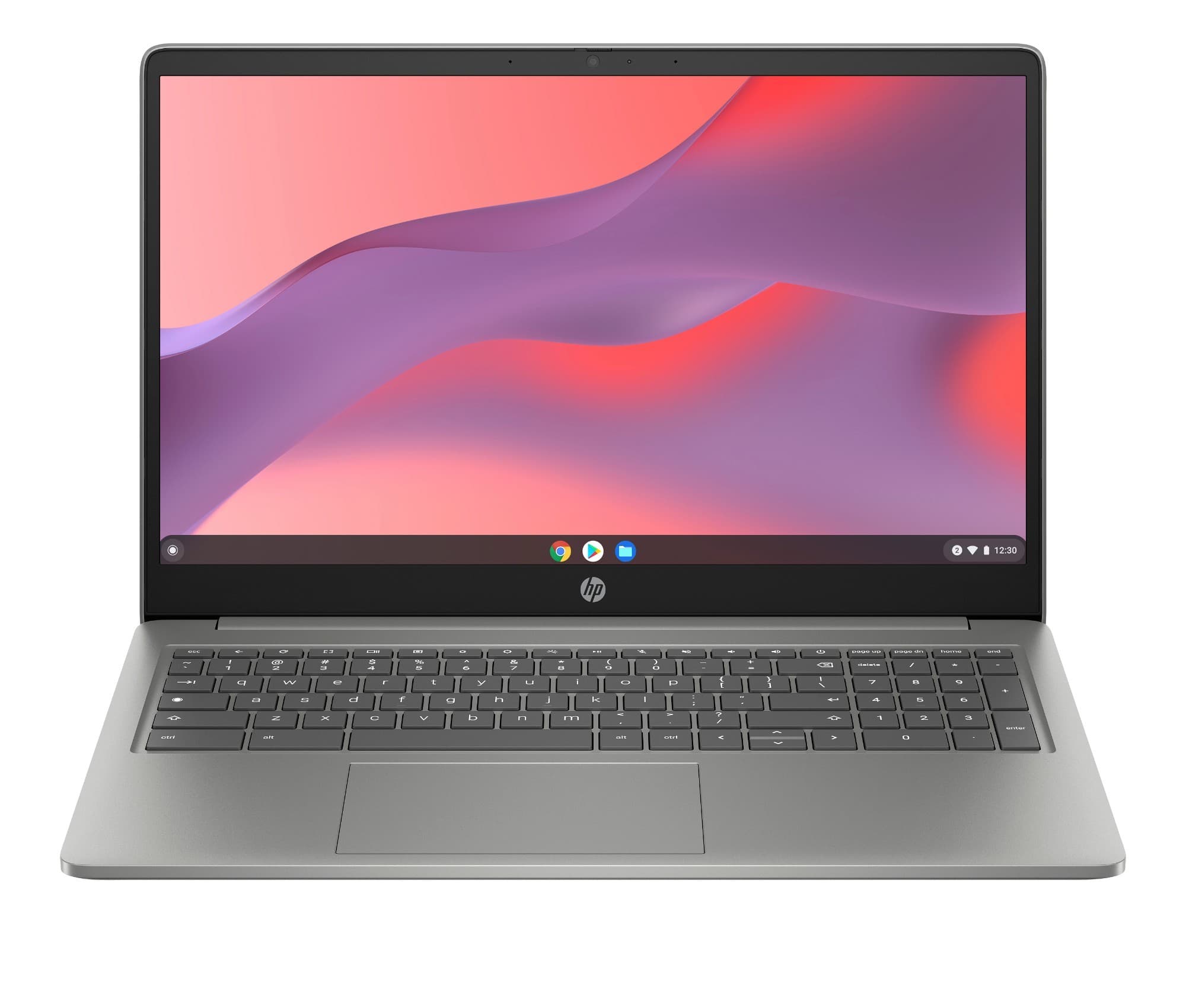 Silver HP Chromebook 15a-nb0006na with a 15.6-inch HD display, featuring a sleek design, full keyboard, and touchpad, running ChromeOS with Wi-Fi 6 capability.