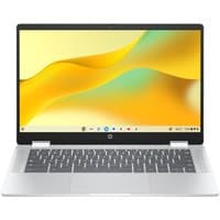 HP Chromebook x360 14b-cd0010nax, silver, 14-inch touchscreen, slim bezels, black keyboard, Intel N100 processor.