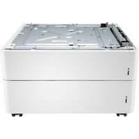 White HP Color LaserJet 2x550-sheet feeder and stand with dual paper trays and sleek rectangular design.