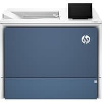HP Color LaserJet Enterprise 6700dn Printer, white top, blue front panel, touchscreen display, HP logo.