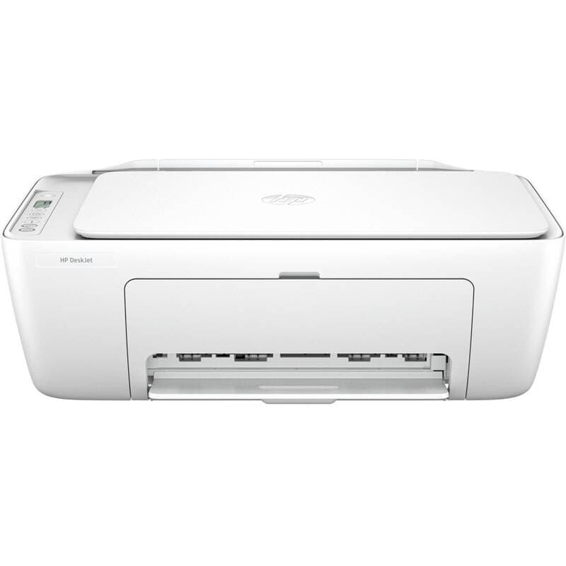 White HP DeskJet 2810e Wireless All-in-One Color Printer with a flat top, control panel on the left, and paper output tray extended at the front.