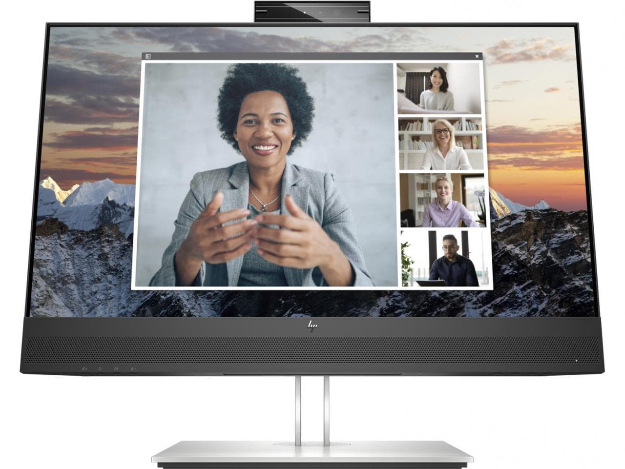 HP E24m G4 FHD USB-C Conferencing Monitor features a sleek black design, a built-in webcam at the top, and a silver stand, displaying a video call on its vibrant screen.