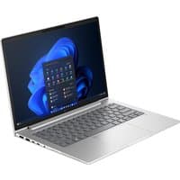 Silver HP EliteBook laptop with AMD Ryzen AI, sleek design, backlit keyboard, and Windows interface on screen.
