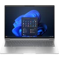 Silver HP EliteBook laptop, 16-inch screen, Windows 11 interface, sleek design, backlit keyboard, thin bezels.