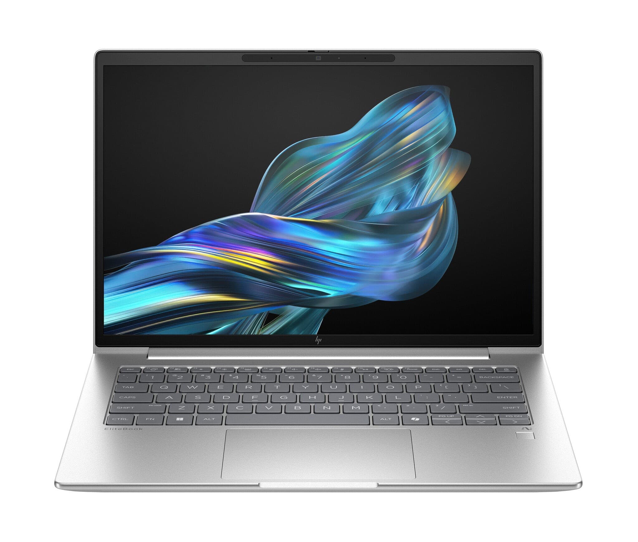 HP EliteBook 6 G1q features a sleek silver chassis, a vibrant display with swirling blue and purple graphics, and a full keyboard with a spacious touchpad.