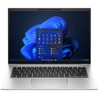 Silver HP EliteBook 840 G10 laptop with 14-inch display, black keyboard, and Windows interface on screen.