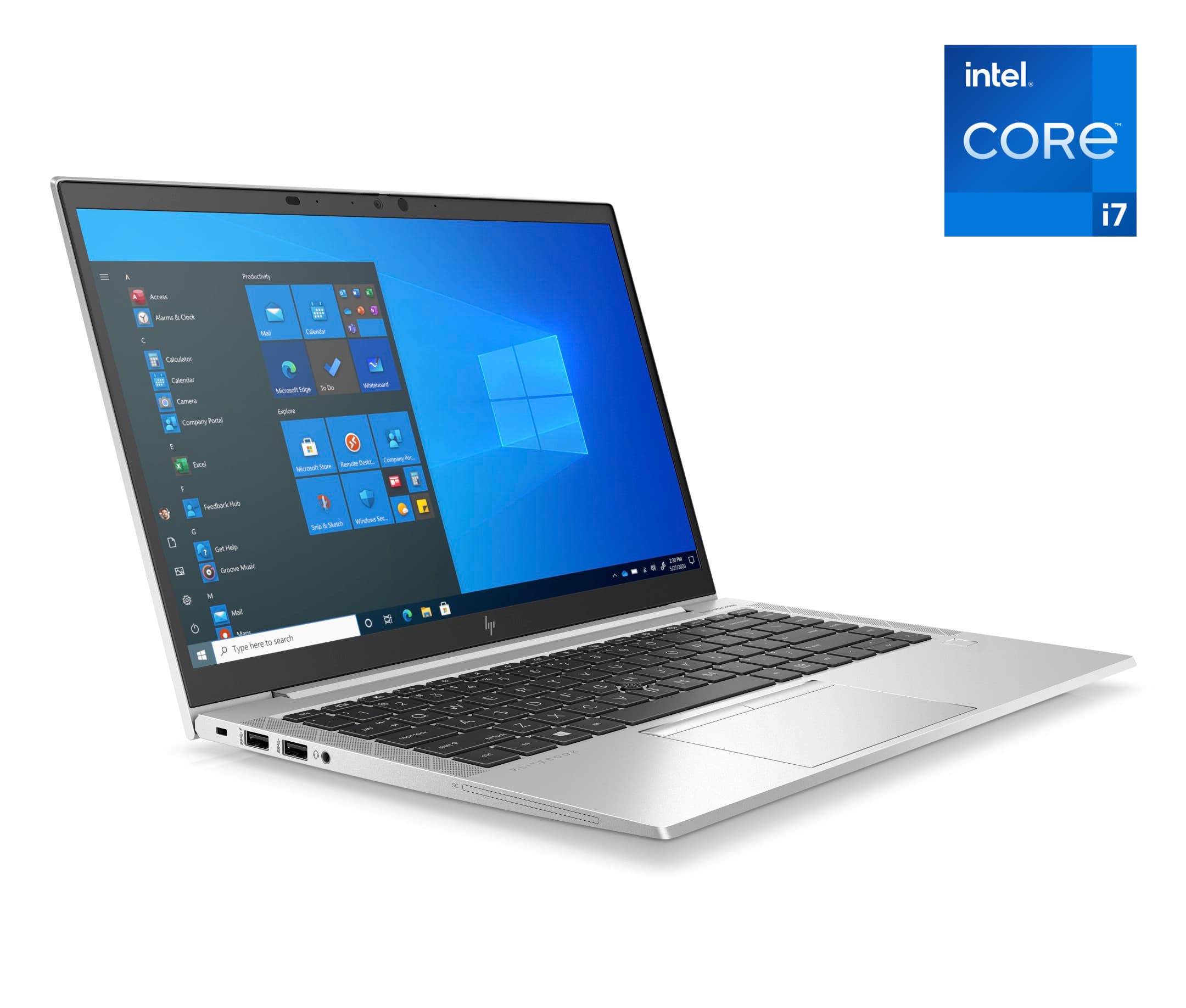 Silver HP EliteBook 840 G8 laptop with a 14-inch display, featuring an Intel® Core™ i7 processor, Windows interface, and multiple ports on the side.