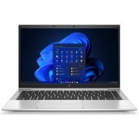 Silver HP EliteBook 845 G8 laptop, 14" display, black keyboard, slim design, Windows 10 interface on screen.