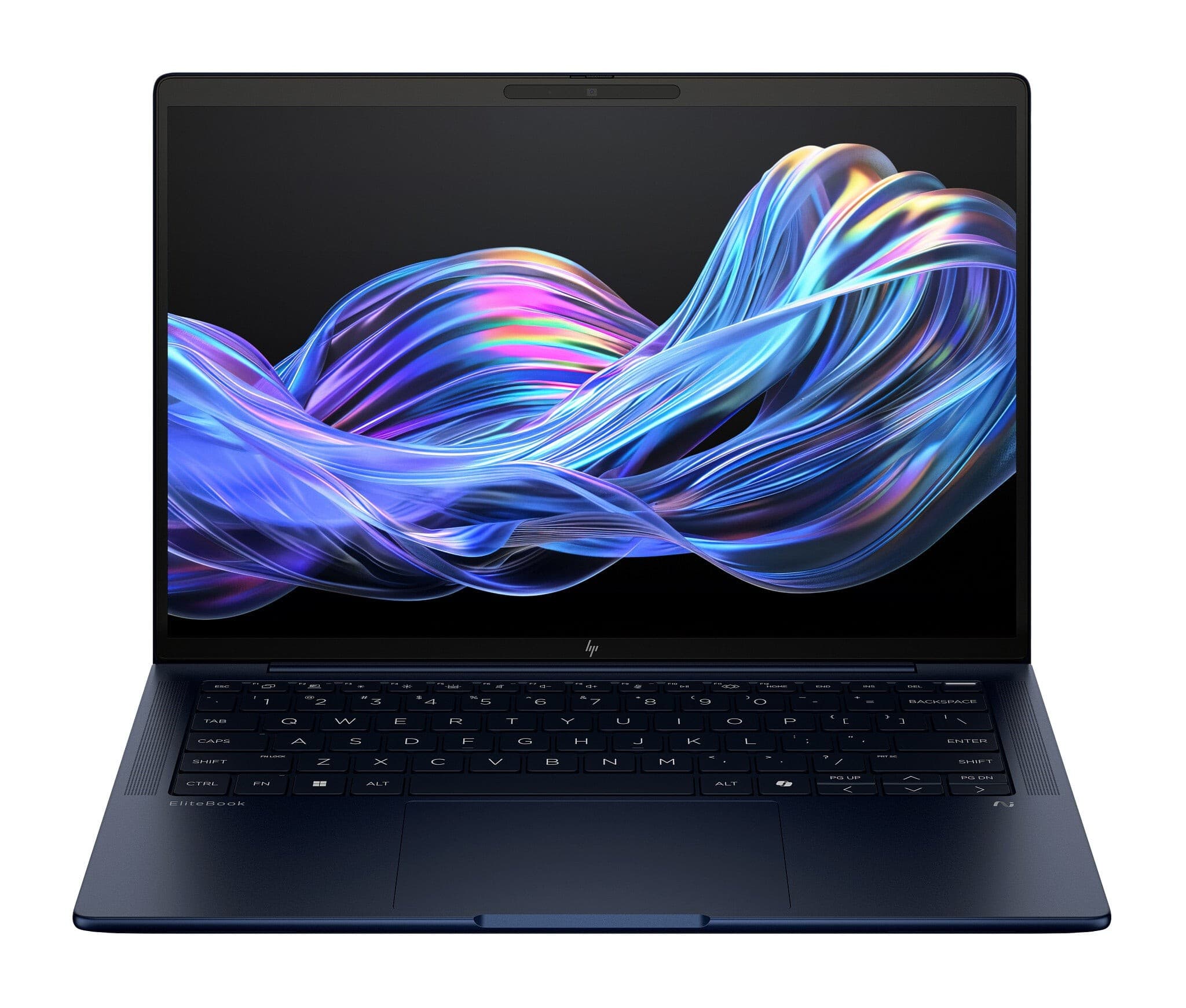 Sleek dark blue HP EliteBook X G1i laptop with a 14-inch WUXGA display, featuring vibrant abstract graphics, a full keyboard, and a slim profile, designed for advanced performance.