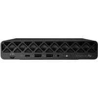 Black HP EliteDesk mini PC with diamond-patterned front, multiple USB ports, and power button on the left.