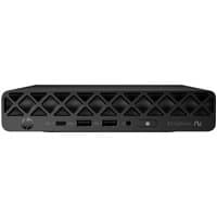 Black HP EliteDesk Mini PC with diamond-patterned front, multiple ports, and power button on the front panel.
