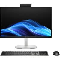 HP EliteStudio 8 G1i AI PC with sleek monitor, integrated webcam, silver stand, black keyboard, and mouse.