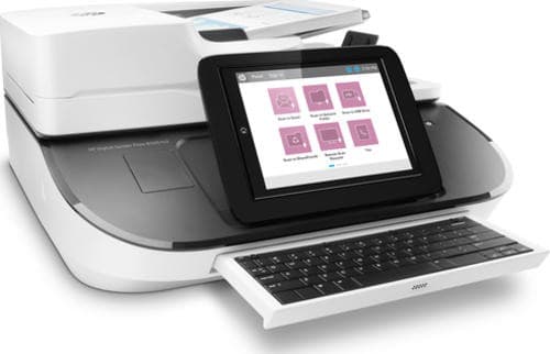 HP Flow 8500 Fn2 scanner in white and black, featuring a flatbed and automatic document feeder, with a touchscreen interface and a pull-out keyboard for easy navigation.