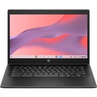 Black HP Fortis G1i 14 Chromebook with 14-inch HD display, Intel N150, and 4GB RAM, featuring a sleek keyboard design.