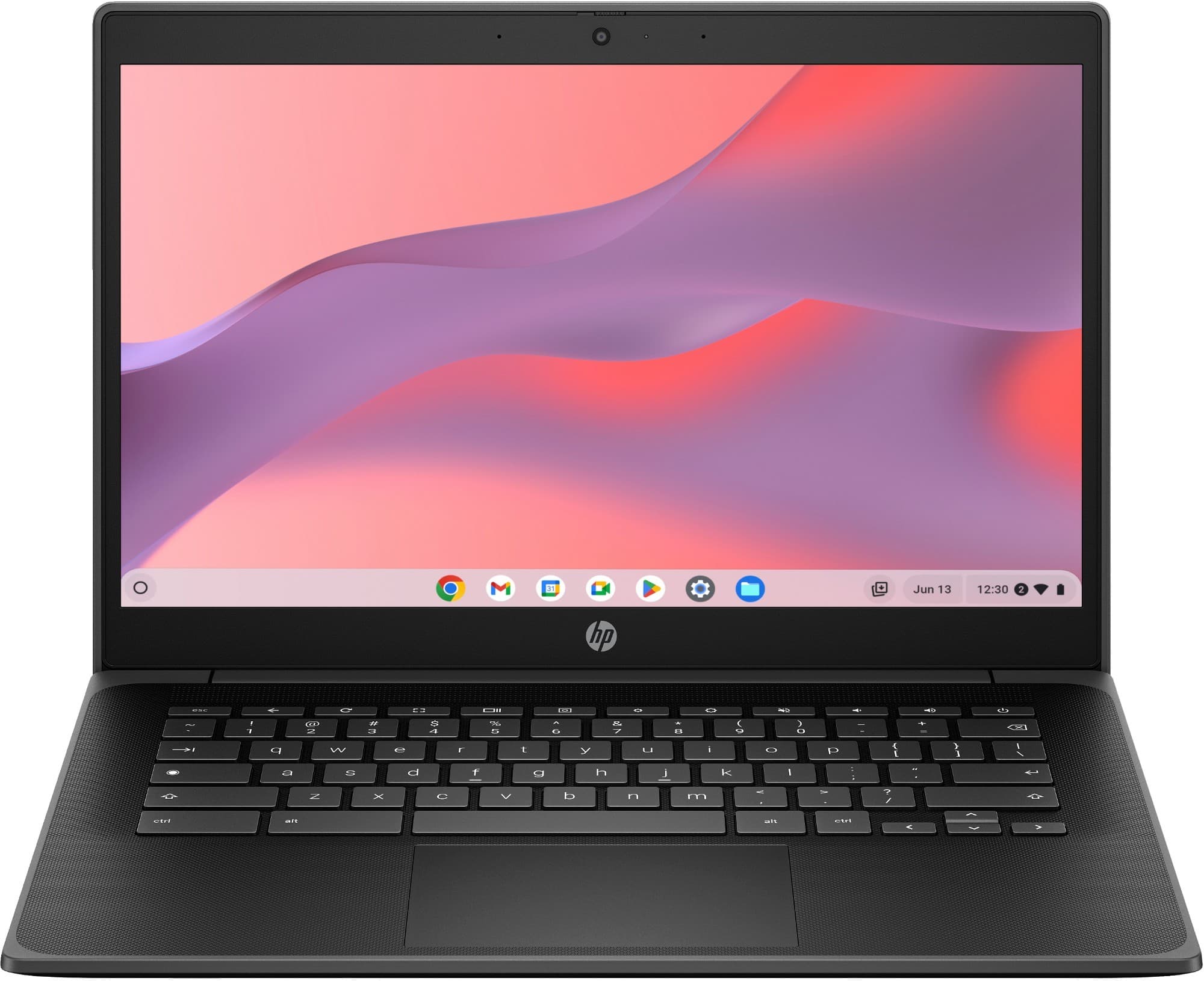 Black HP Fortis G1i 14 Chromebook features a 14-inch HD display, Intel N N150 processor, 8 GB LPDDR5x-SDRAM, 64 GB eMMC storage, and Wi-Fi 6 connectivity.