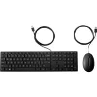Black HP USB keyboard with numeric keypad and wired mouse included.