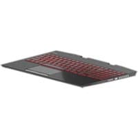 Black HP L57323-B31 laptop keyboard with red backlit keys and integrated touchpad.