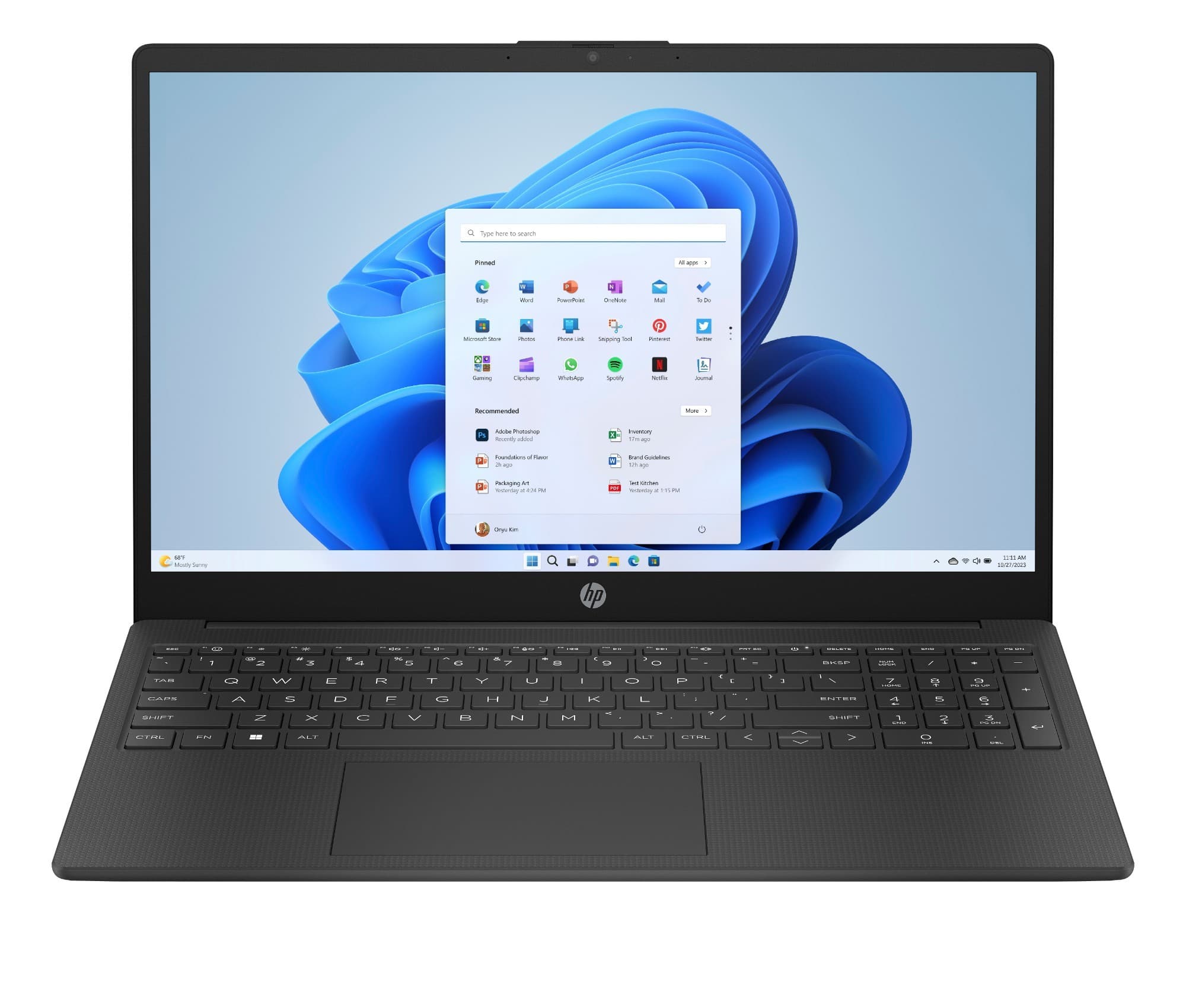 HP Laptop 15-fd0078na features a sleek black design, 15.6" Full HD display, Intel Core i5 processor, and a full keyboard with a large touchpad.