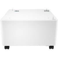 White HP LaserJet printer stand with four black caster wheels and a flat top surface.