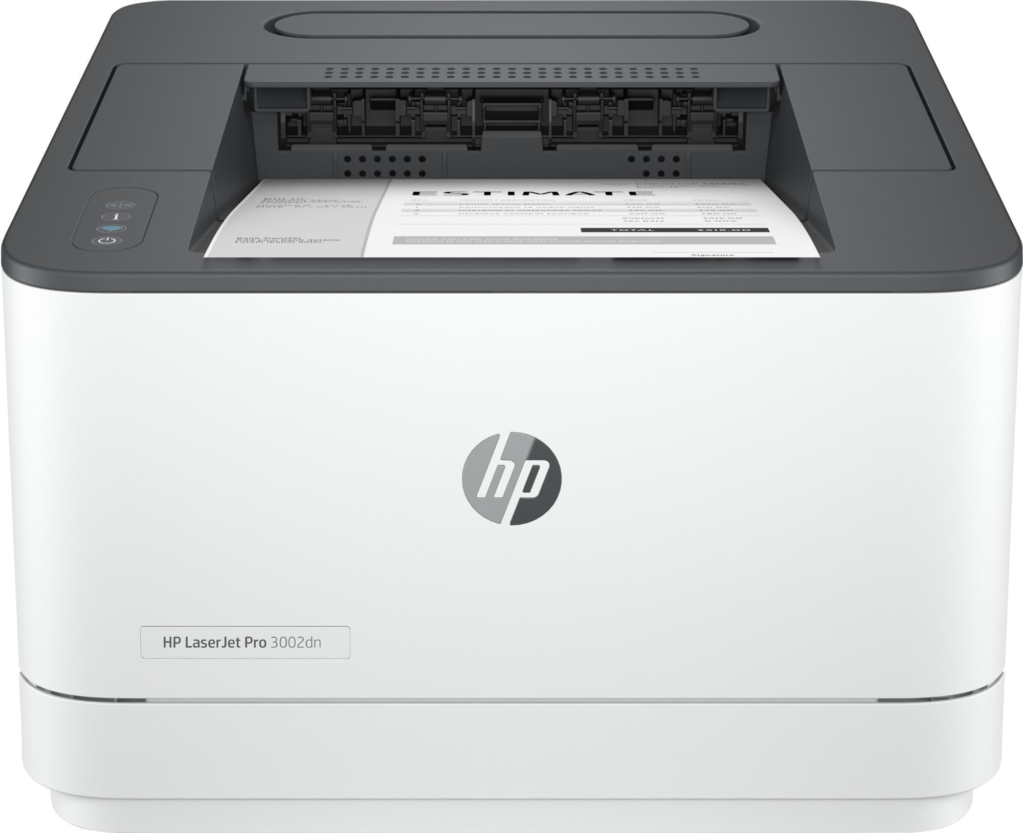 HP LaserJet Pro 3002dn printer in white and gray, featuring a top control panel with buttons, a front paper output tray, and a sleek, compact design for efficient black and white printing.