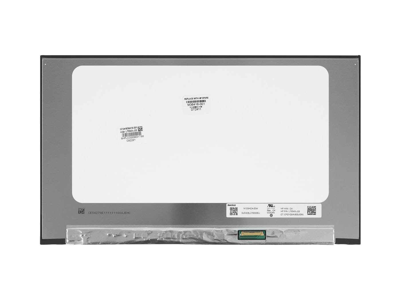 HP 13.3-inch FHD LCD display with a sleek black bezel, featuring a glossy finish and a visible connector port at the bottom for easy installation.