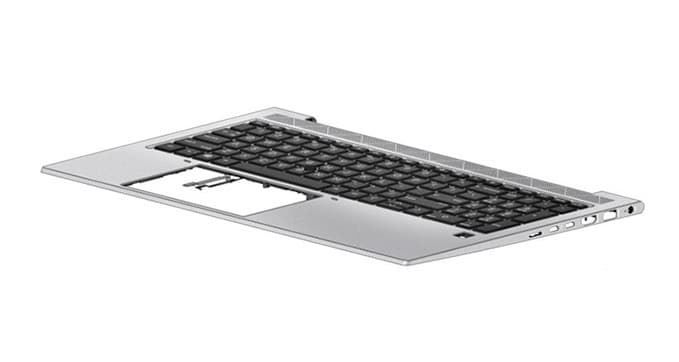 HP M21679-BG1 laptop spare part keyboard featuring a black key layout, sleek silver frame, and a cutout for the touchpad, designed for easy replacement.