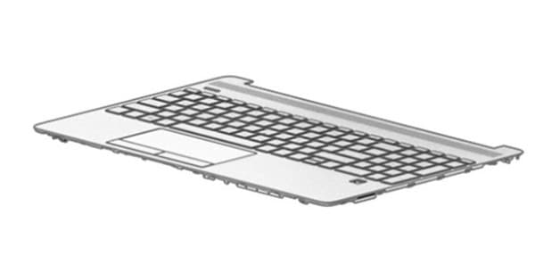 Gray HP laptop keyboard spare part featuring a full layout with a touchpad, designed for the M31100-FL1 model, showcasing a sleek, modern design.