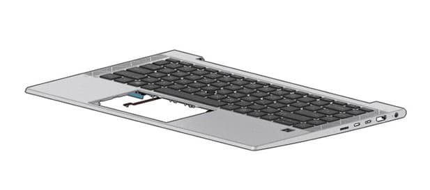 Black laptop keyboard with a sleek design, featuring a standard layout, function keys, and a silver frame, designed as a spare part for HP laptops.