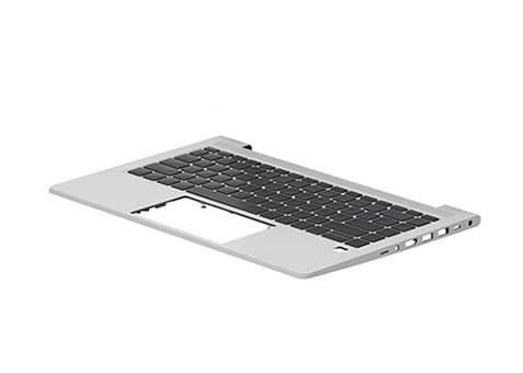 Silver HP N01934-FP1 notebook keyboard with a sleek design, featuring black keys and a cutout for the touchpad, ideal for laptop repairs or replacements.