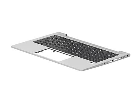 HP N42406-B31 laptop keyboard in silver, featuring a sleek design with black keys, a touchpad area, and cutouts for ports, made from durable plastic material.