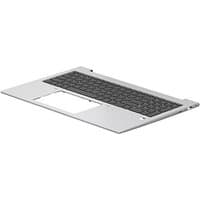 Silver HP N93085-B31 laptop keyboard with black keys and integrated touchpad, designed as a spare part.