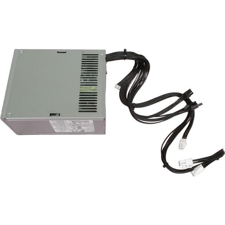 Gray metal power supply unit with multiple black cables attached, featuring ventilation slots on top and a label on the side indicating specifications and model details.