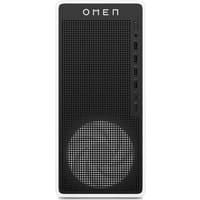 Black HP OMEN 16L gaming desktop with mesh front panel, circular vent, and vertical row of USB ports.