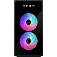Black HP OMEN 35L gaming PC with dual front RGB fans and sleek design.