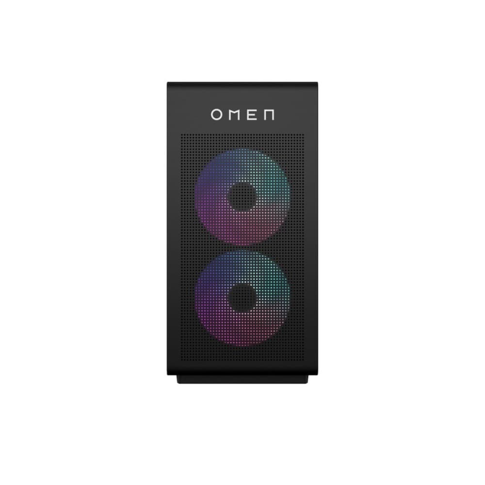 Black gaming desktop tower with a sleek design, featuring dual RGB fans with a circular pattern, and the "OMEN" logo prominently displayed at the top.
