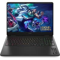 Black HP OMEN 16 gaming laptop with RGB keyboard, featuring a League of Legends screen design.