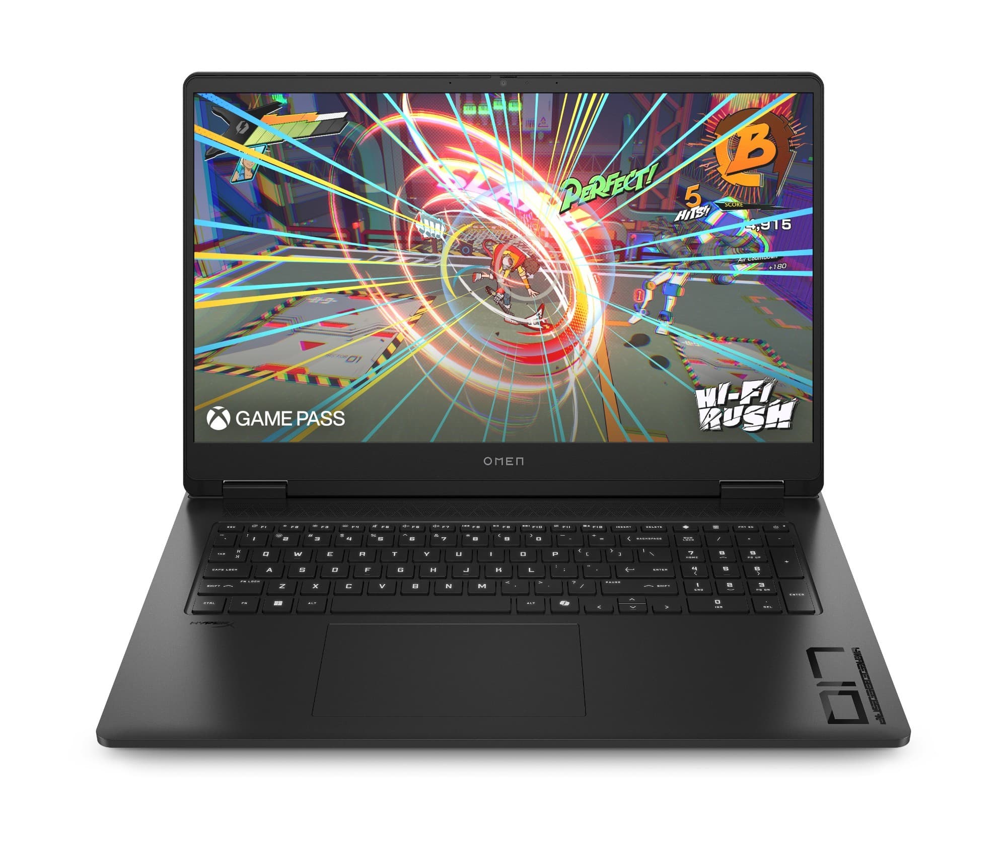 HP OMEN 17-db1009na laptop features a sleek black design, a large 43.9" display showcasing vibrant gaming graphics, and a backlit keyboard for an immersive gaming experience.