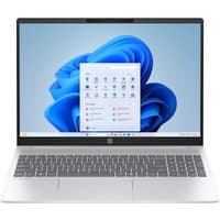 HP OmniBook 5 Laptop, silver, 16-inch 2K display, thin bezels, Windows interface on screen, sleek keyboard design