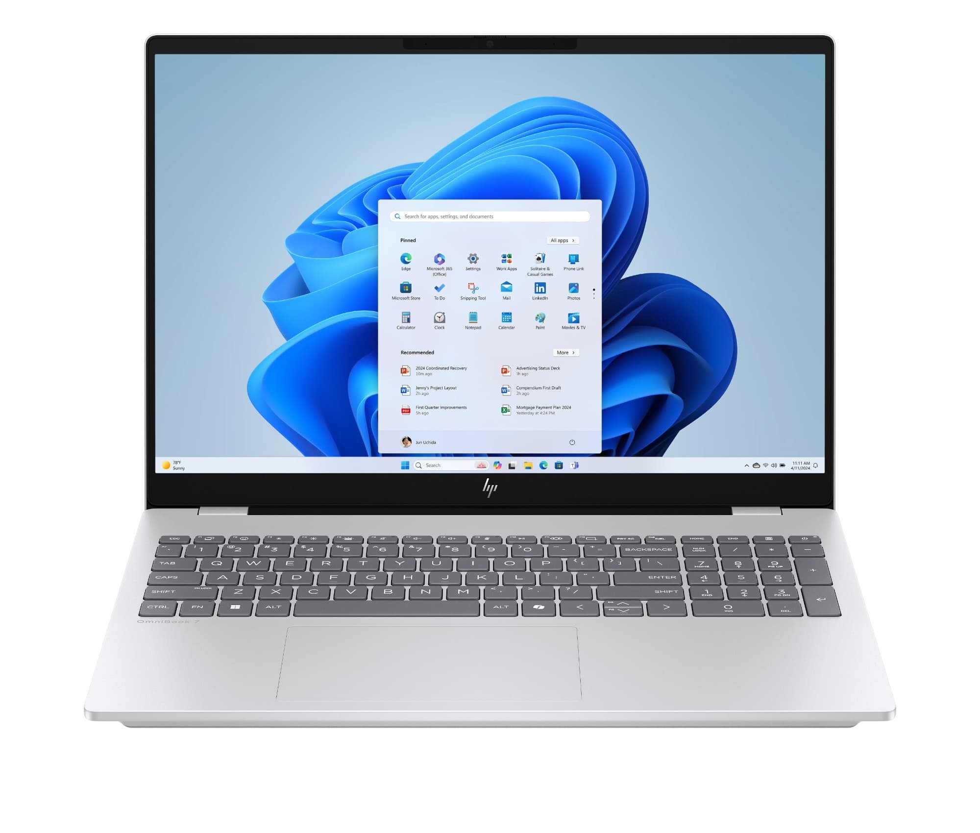 Silver HP OmniBook 7 laptop with a 16-inch display, featuring a sleek design, a full keyboard, and Windows 11 interface visible on the screen.