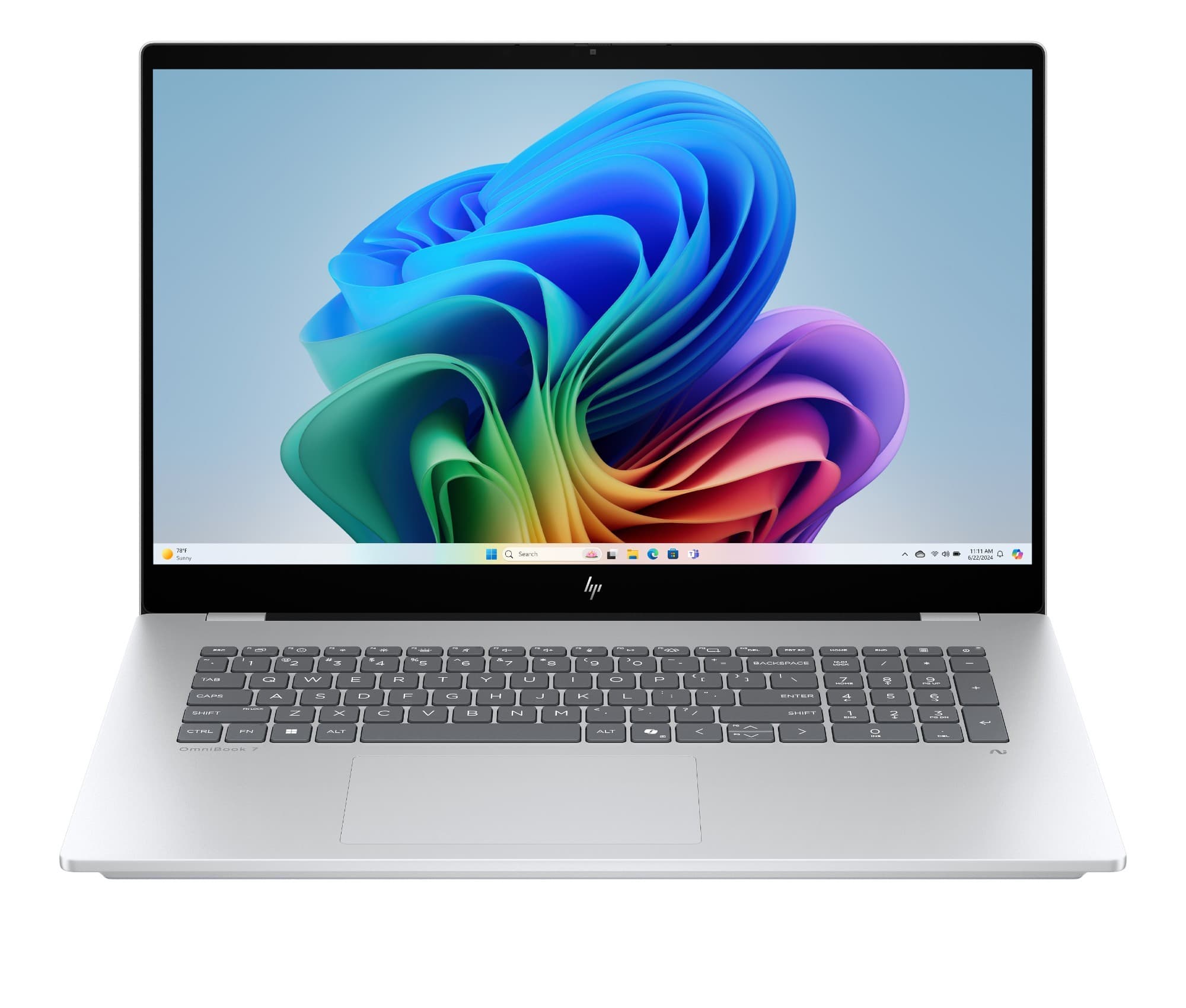 Silver HP OmniBook 7 laptop with a large 17-inch display, featuring a vibrant blue and green abstract wallpaper, and a sleek keyboard with a touchpad below.