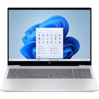 Silver HP OmniBook 7 AI laptop with 16-inch 2K display, sleek design, backlit keyboard, and Windows 11 interface.