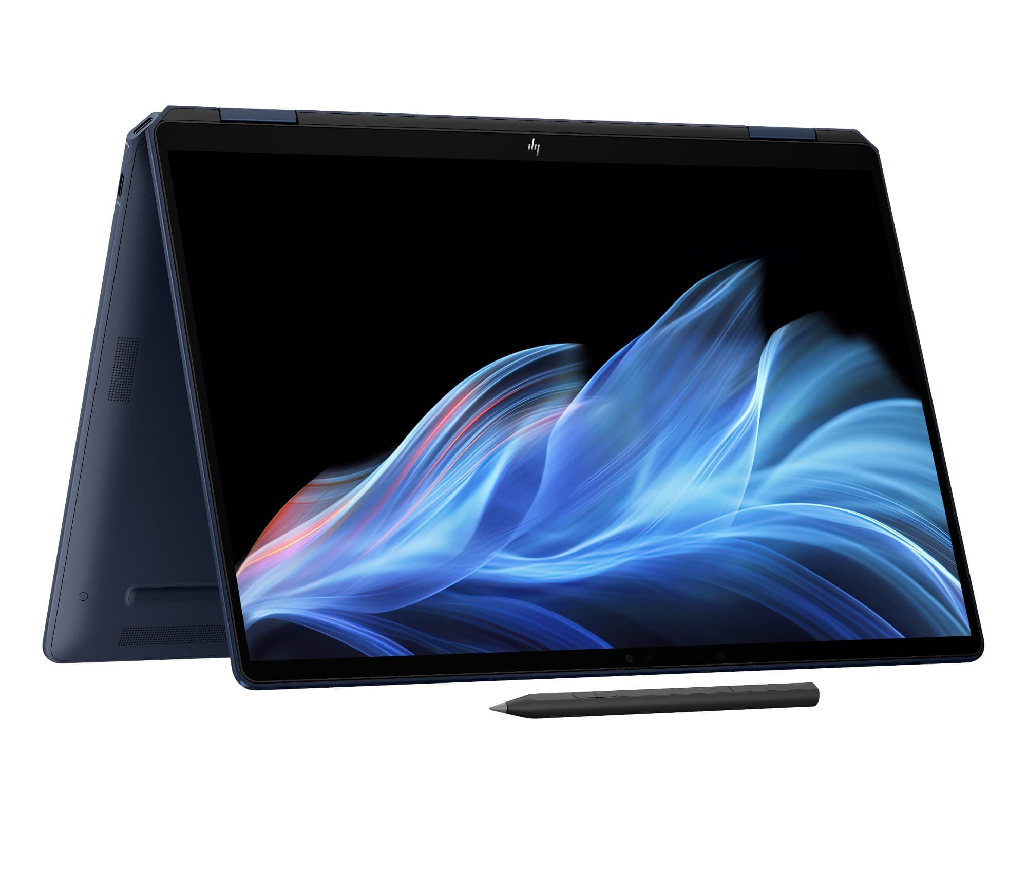 HP OmniBook Ultra Flip 14-fh0003na in dark blue with a sleek design, featuring a vibrant touchscreen display and a stylus, showcasing smooth, flowing graphics.