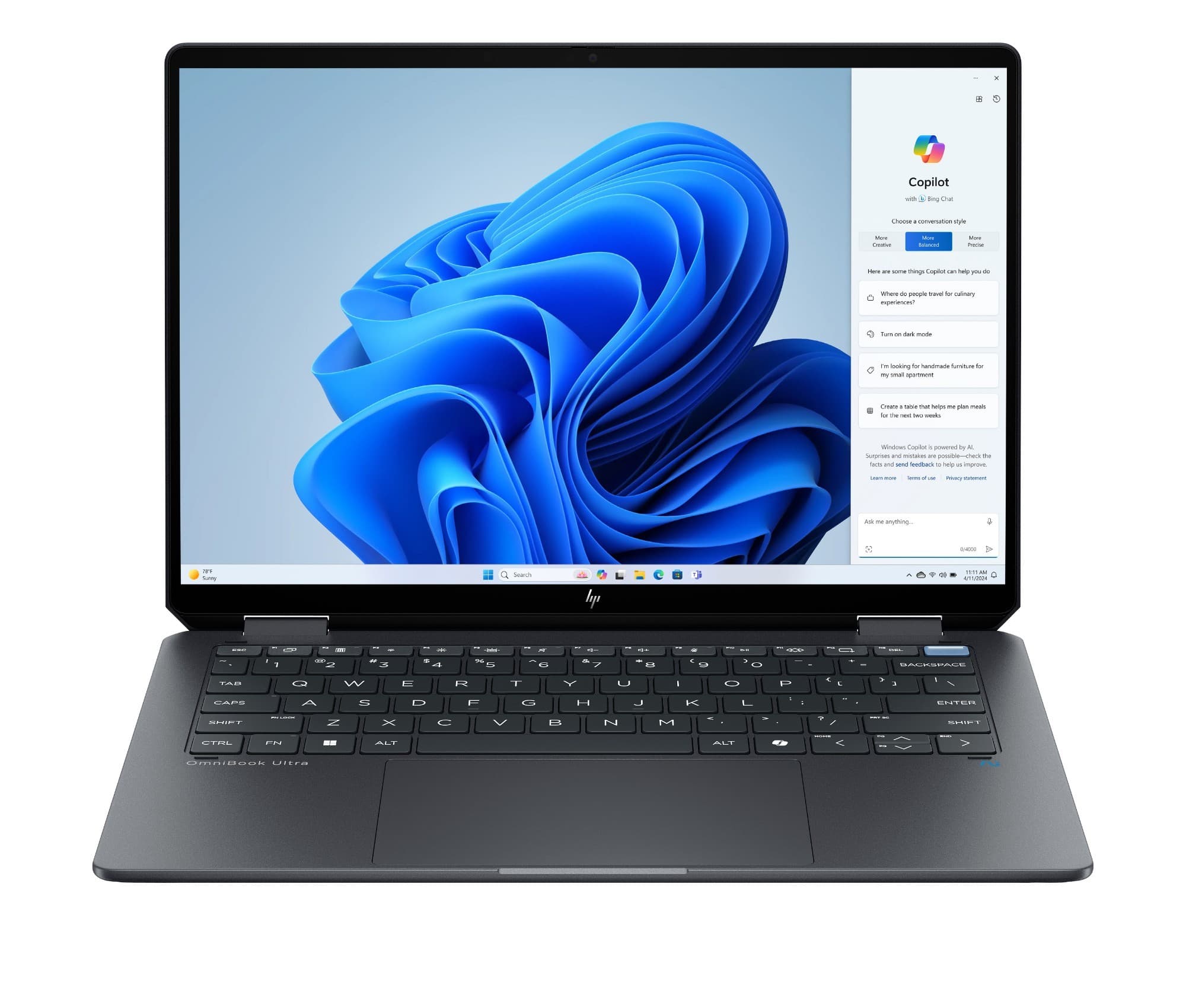 HP OmniBook Ultra Flip 14-fh0009na with a sleek black chassis, featuring a 14-inch touchscreen display and a full keyboard, showcasing the Windows 11 Copilot interface.