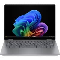 Silver HP OmniBook X FlipNGAI 14" 2-in-1 laptop, touchscreen, 2K display, sleek design, backlit keyboard, Windows 11.