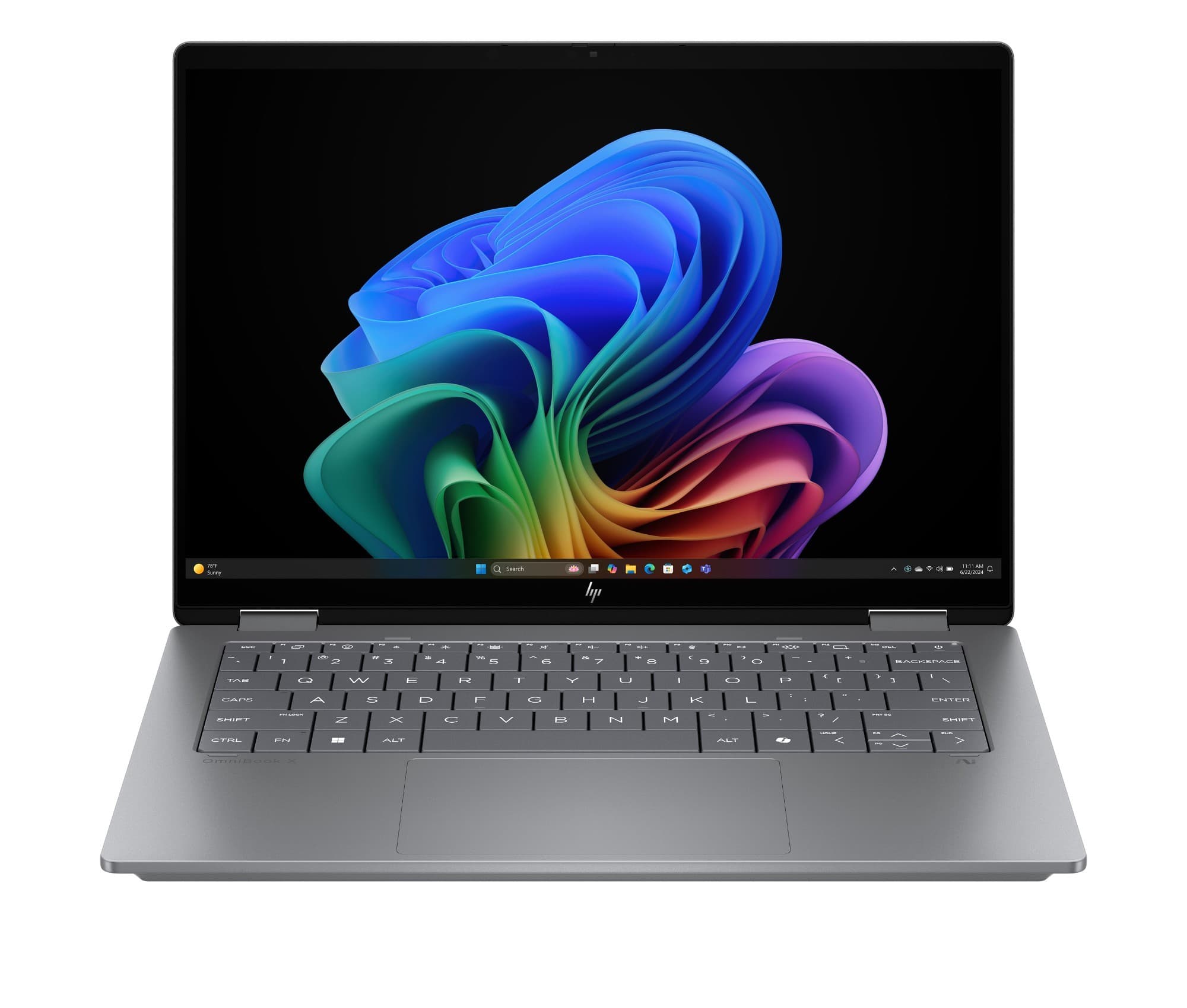 HP OmniBook X FlipNGAI 14-fk0008na in silver, featuring a sleek design, a vibrant display with colorful abstract graphics, and a full keyboard layout.