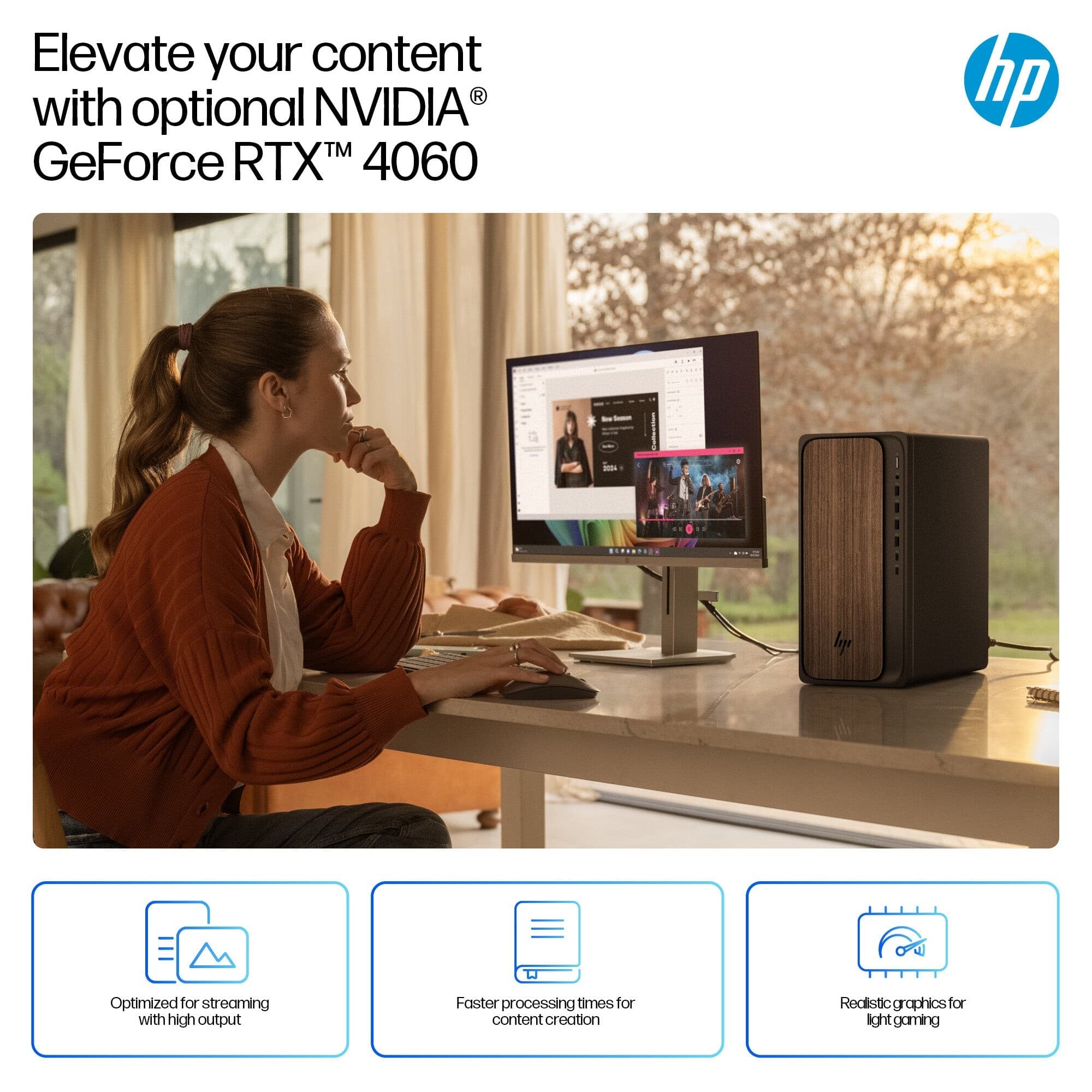 HP OmniDesk AI M03-0004na desktop features a sleek design with a wood-textured front, Intel Core Ultra 5 processor, 16 GB DDR5 RAM, and 1 TB storage, paired with a monitor displaying vibrant content.