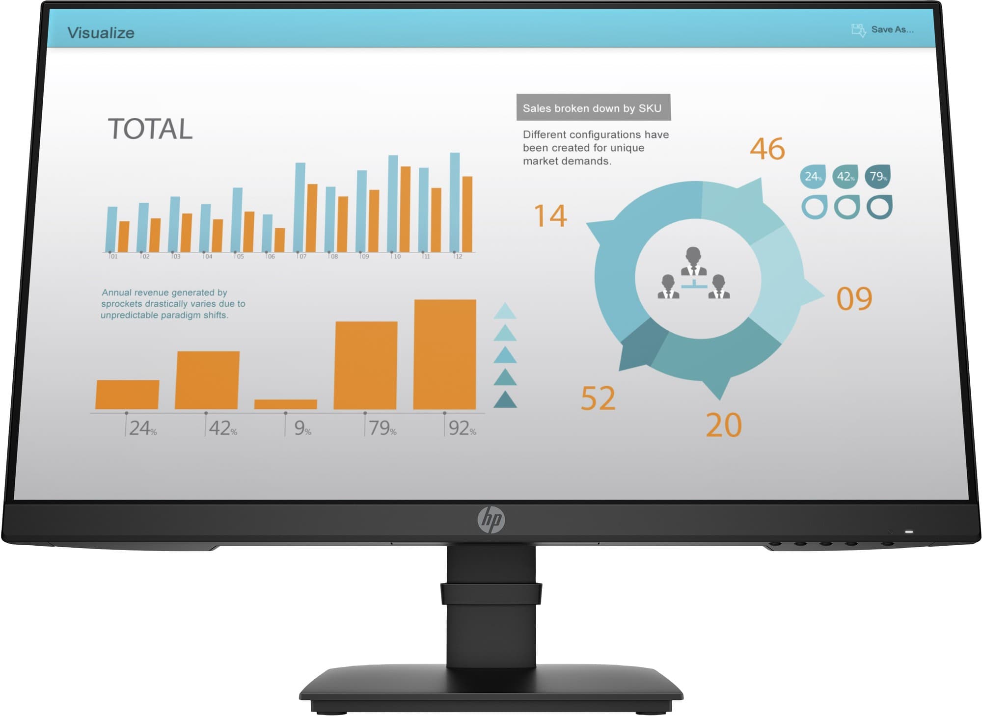 HP P-Series P24 G4 monitor features a sleek black design with a 23.8-inch display, 1920 x 1080 resolution, and a sturdy stand, showcasing colorful graphs and data on the screen.