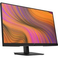 Black HP P24h G5 FHD Monitor with slim bezels, adjustable stand, and vibrant display showing abstract orange and purple pattern.