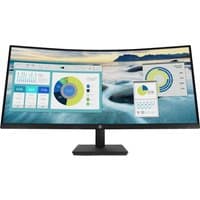 Curved HP P34hc G4 WQHD monitor with slim black bezel, USB-C port, displaying graphs and charts on screen.