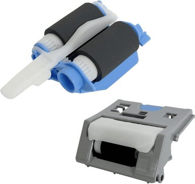 Black and blue HP paper pick-up roller assembly with two rubber rollers and a grey plastic base, designed for efficient paper feeding in printers.